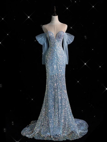 Blue Sequins Mermaid Prom Dress Sparkly Evening Gown HZ1023